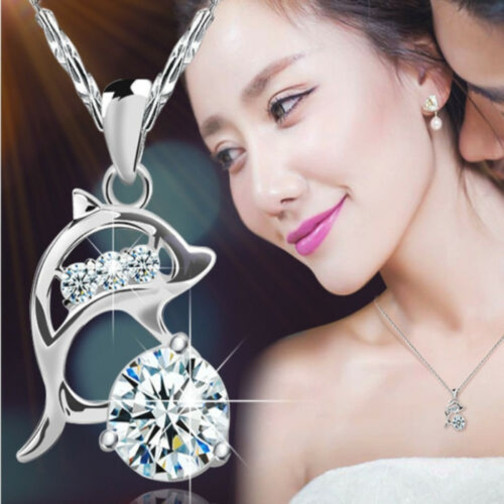 Silver Dolphin Simulated Diamond Necklace
